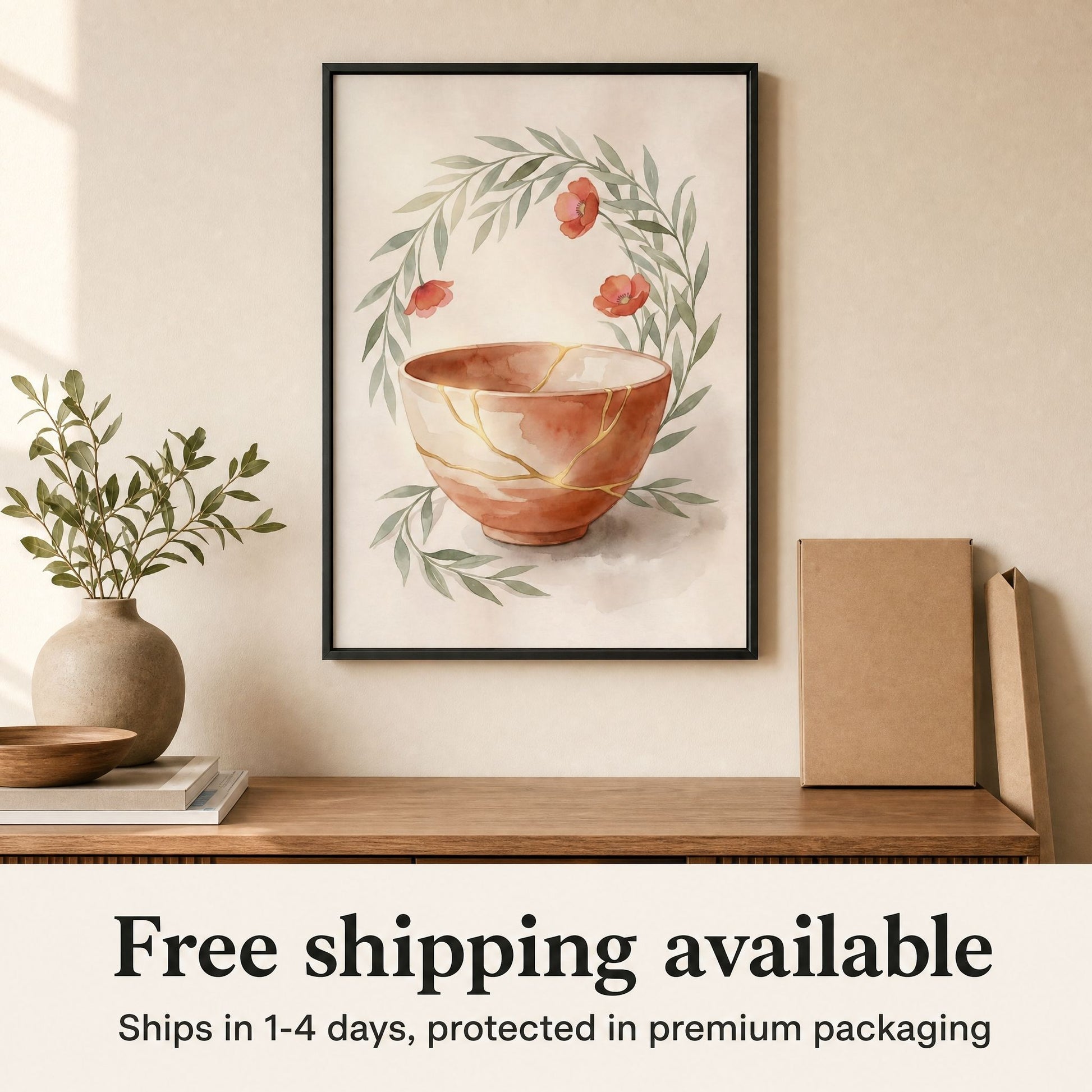 Framed kintsugi print newly hung on a cream wall beside its protective mailer, with free shipping available