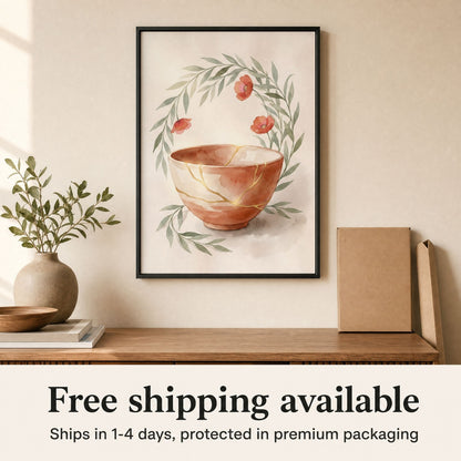 Framed kintsugi print newly hung on a cream wall beside its protective mailer, with free shipping available