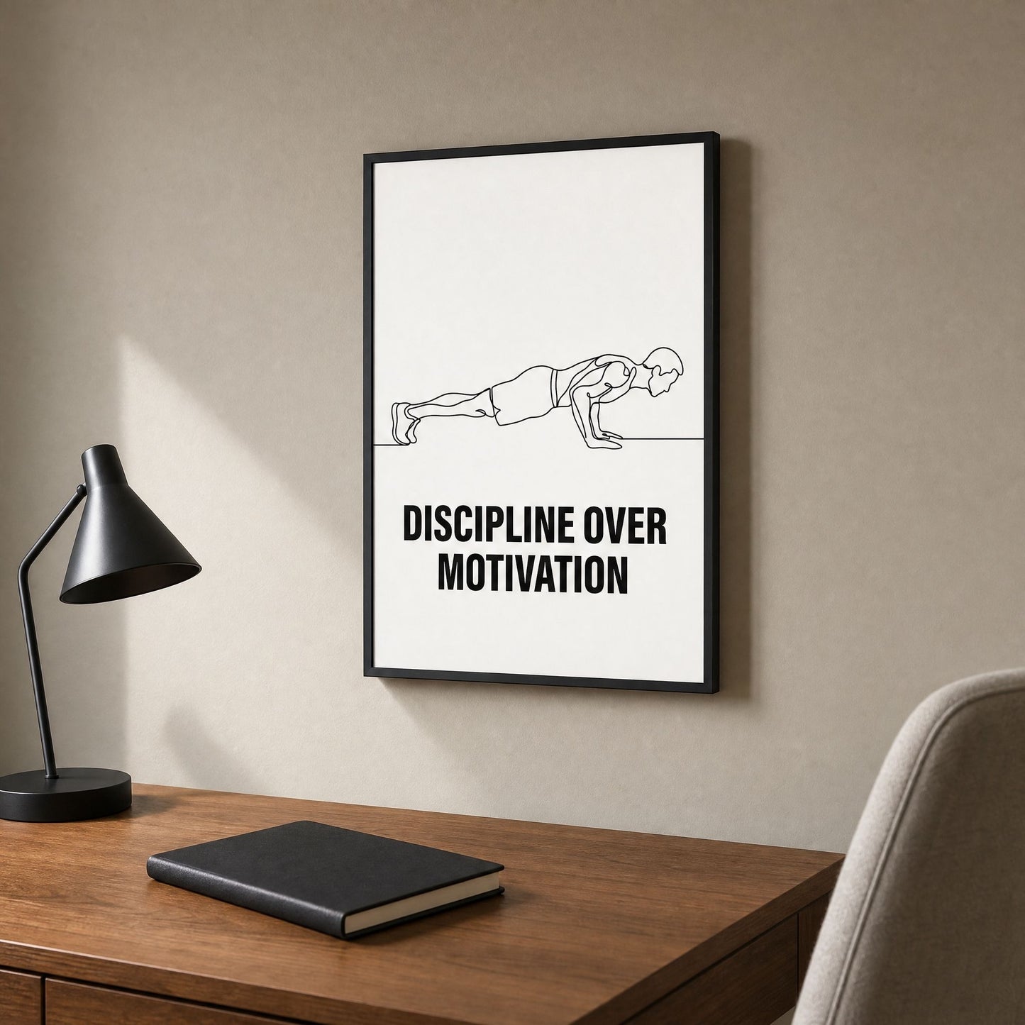 Black framed print above a wooden desk with a lamp and notebook, office wall art in a neutral workspace