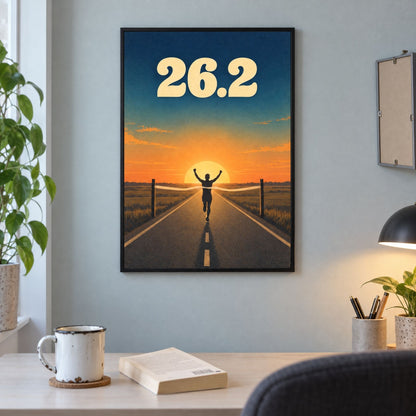 26.2 marathon poster hung above a home office desk, framed running wall art for a study or training room