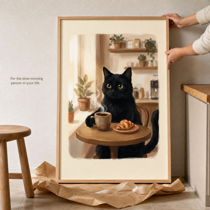 Hands lifting the framed black cat coffee print from its kraft paper wrapping beside a wooden stool