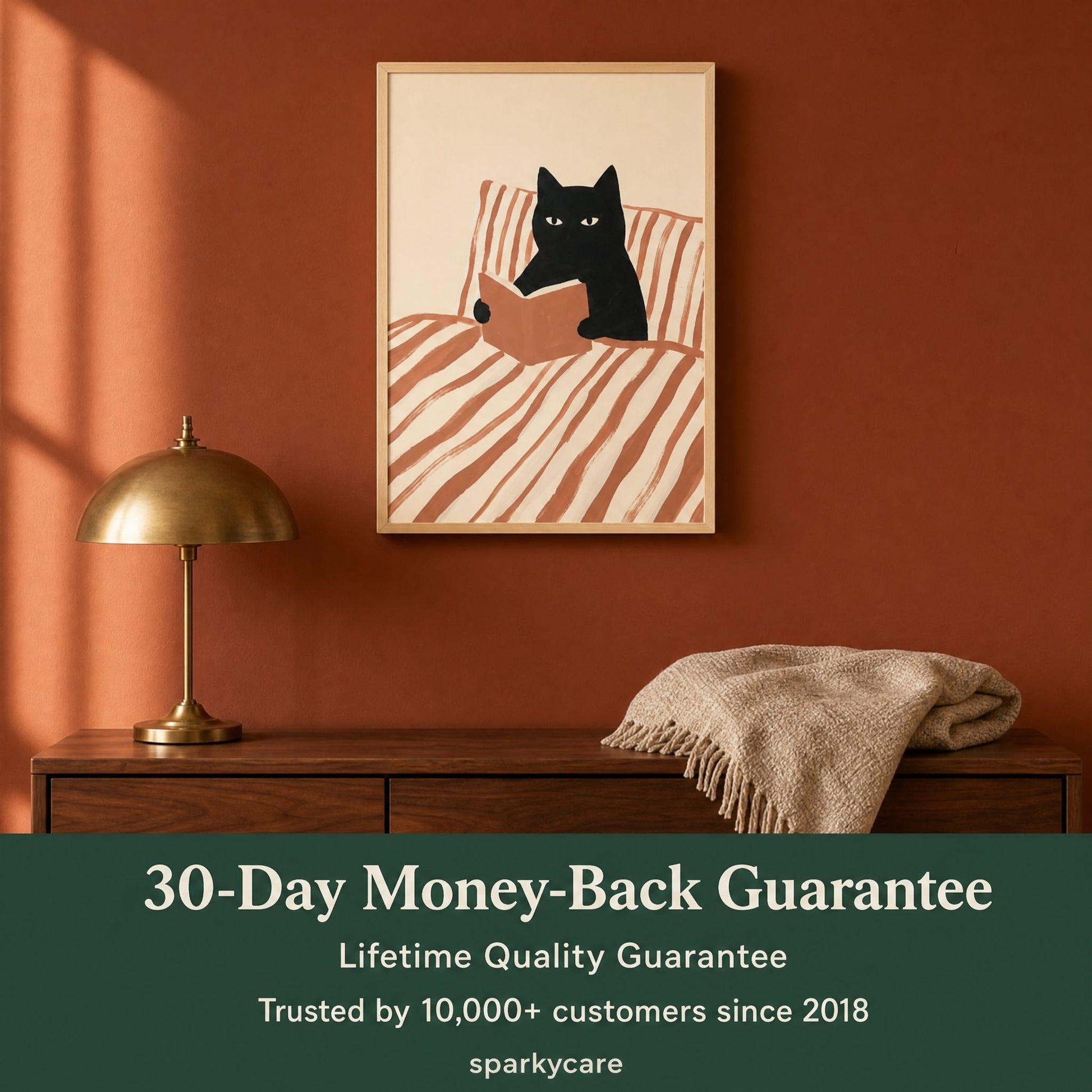 Cat reading print with a 30-day money-back and lifetime quality guarantee from Sparkycare