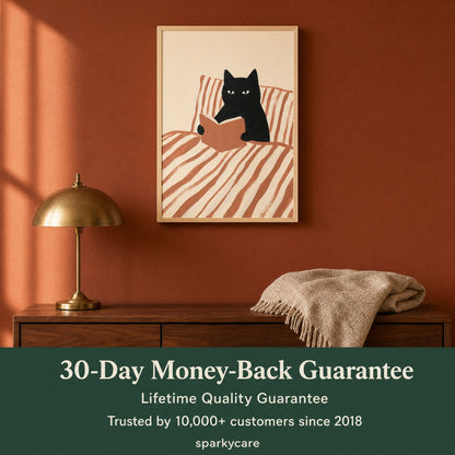 Cat reading print with a 30-day money-back and lifetime quality guarantee from Sparkycare