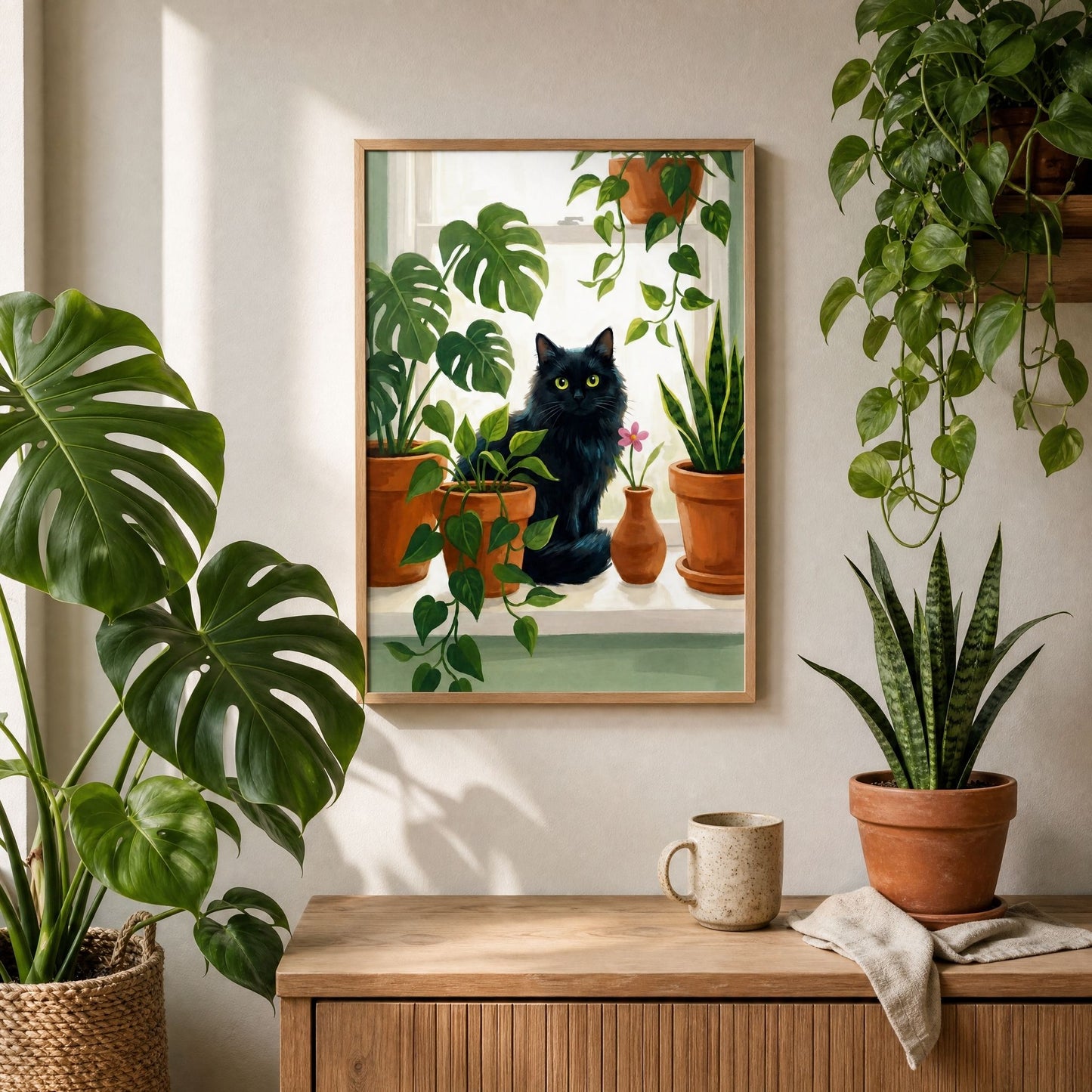 Framed cat and houseplant print above a wooden console with a monstera, a snake plant and a mug