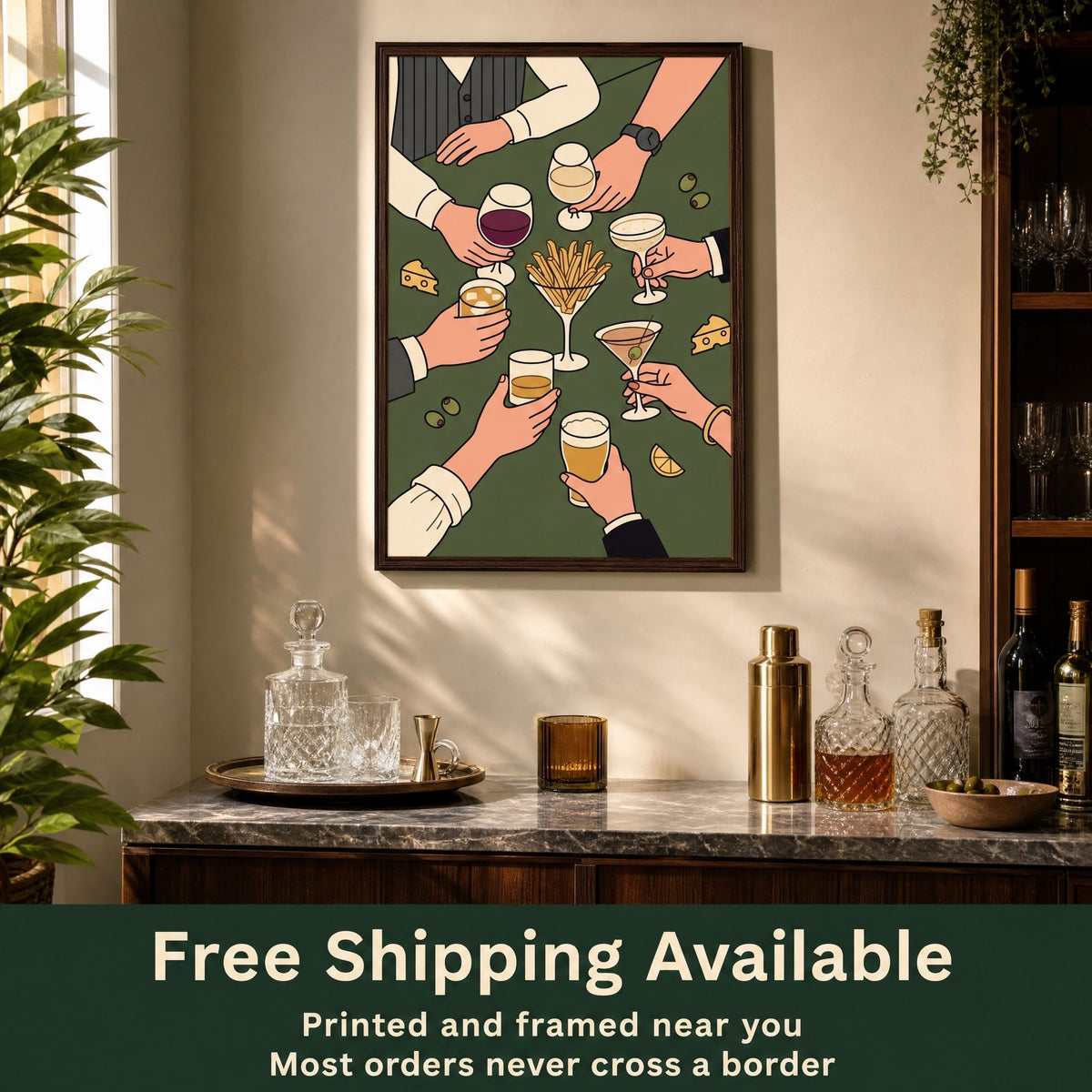 Bar cart wall art in a home bar corner, with a band reading free shipping available