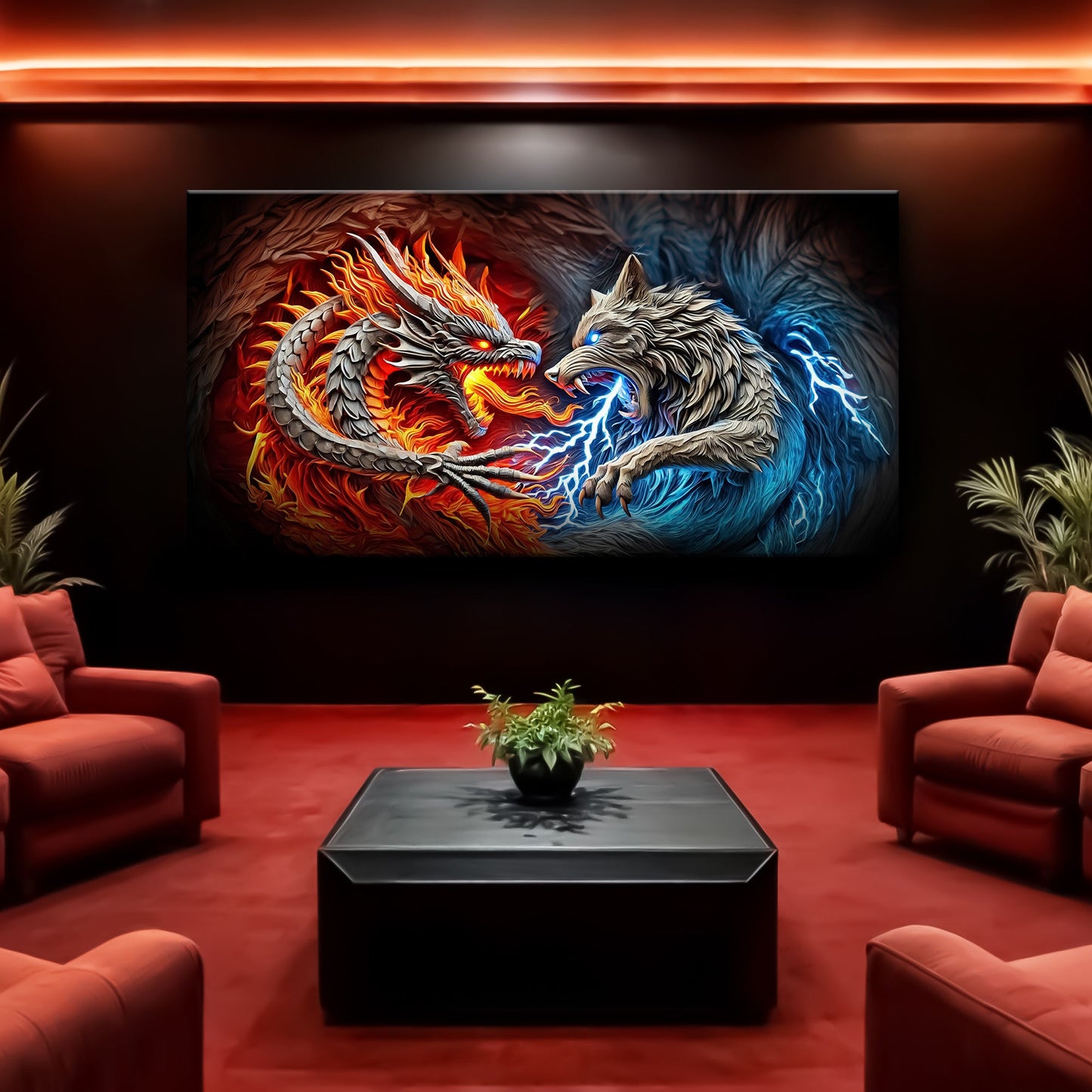 3D Dragon and Wolf Canvas Wall Art II