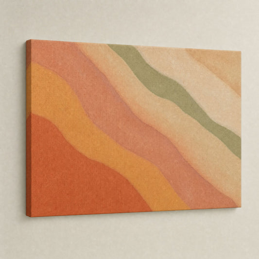Terracotta and sage abstract canvas hung at an angle, showing the wrapped 2cm side edge