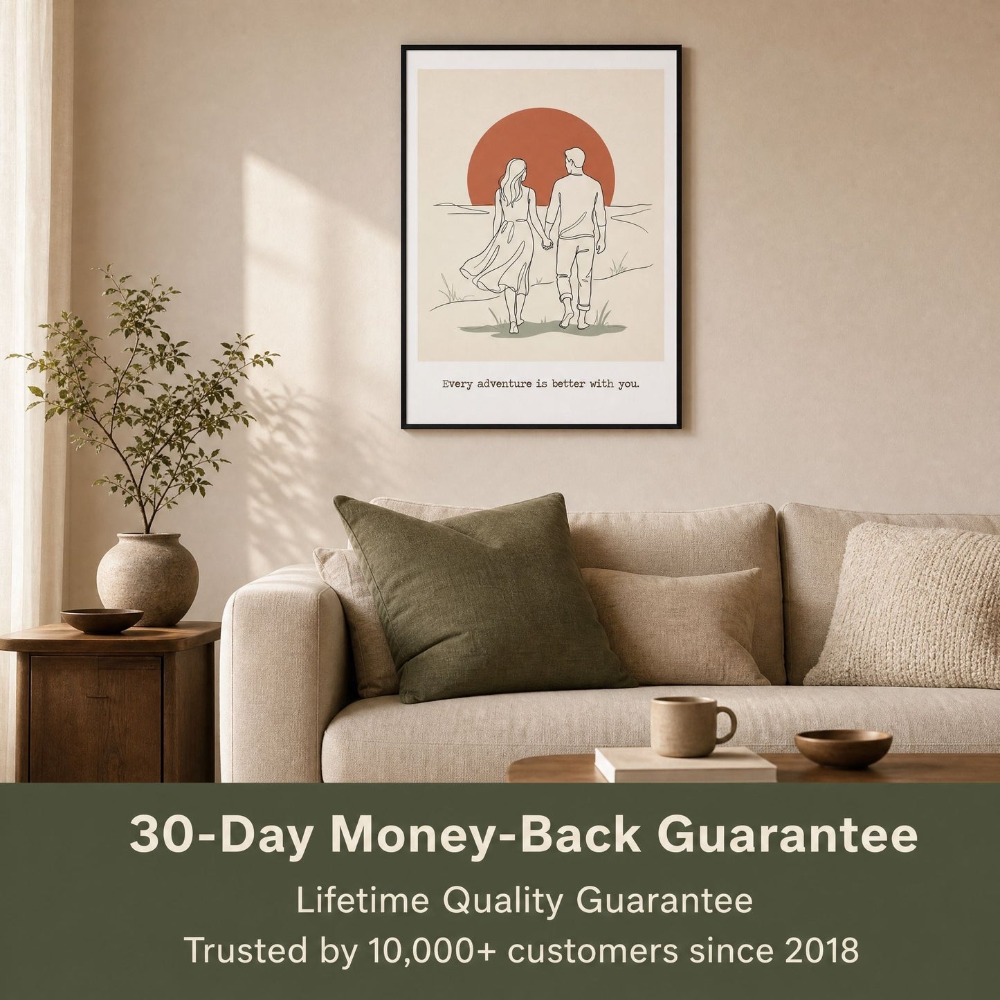 Living room scene with the guarantee note: 30 day money back, plus a lifetime quality guarantee.