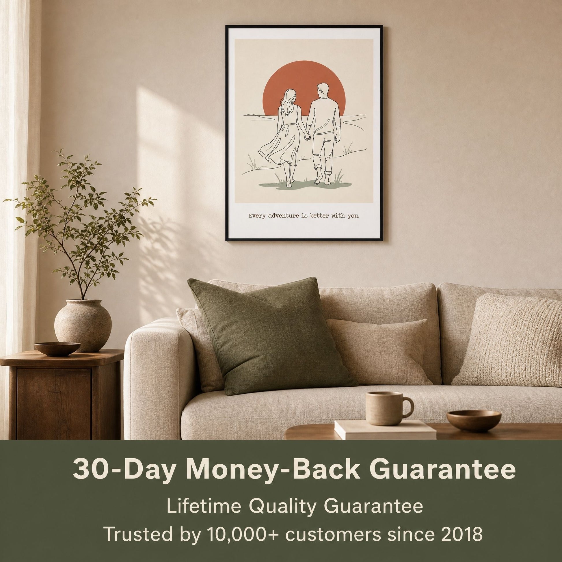 Living room scene with the guarantee note: 30 day money back, plus a lifetime quality guarantee.