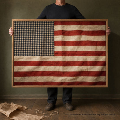 A man holding the 40 by 28 inch framed vintage American flag print, shown at full size against his body
