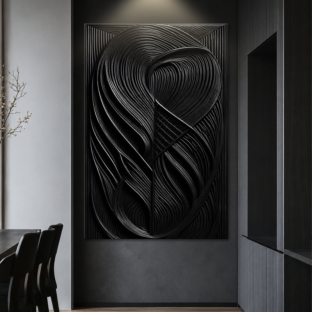 Black Looping Curves canvas shown in a styled room setting, view 6