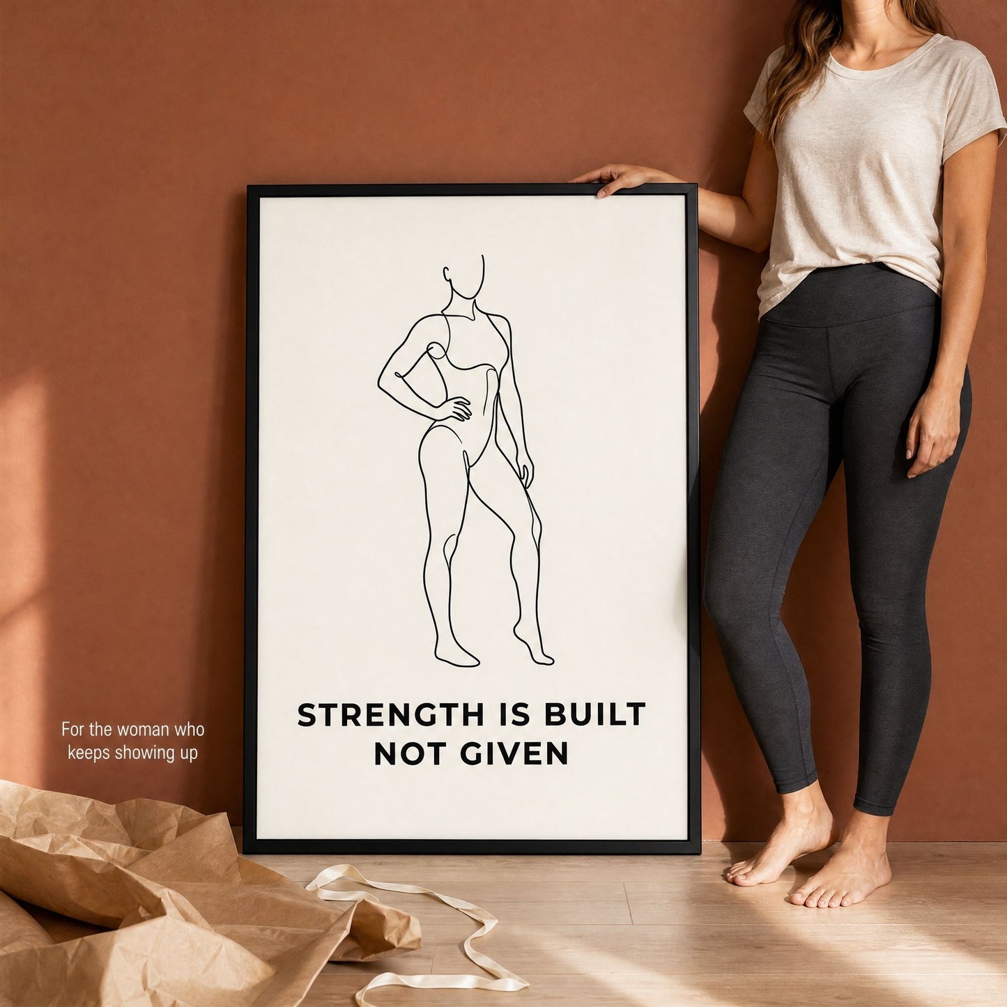A woman in a white tee stands beside the framed Strength Is Built Not Given print, showing its size