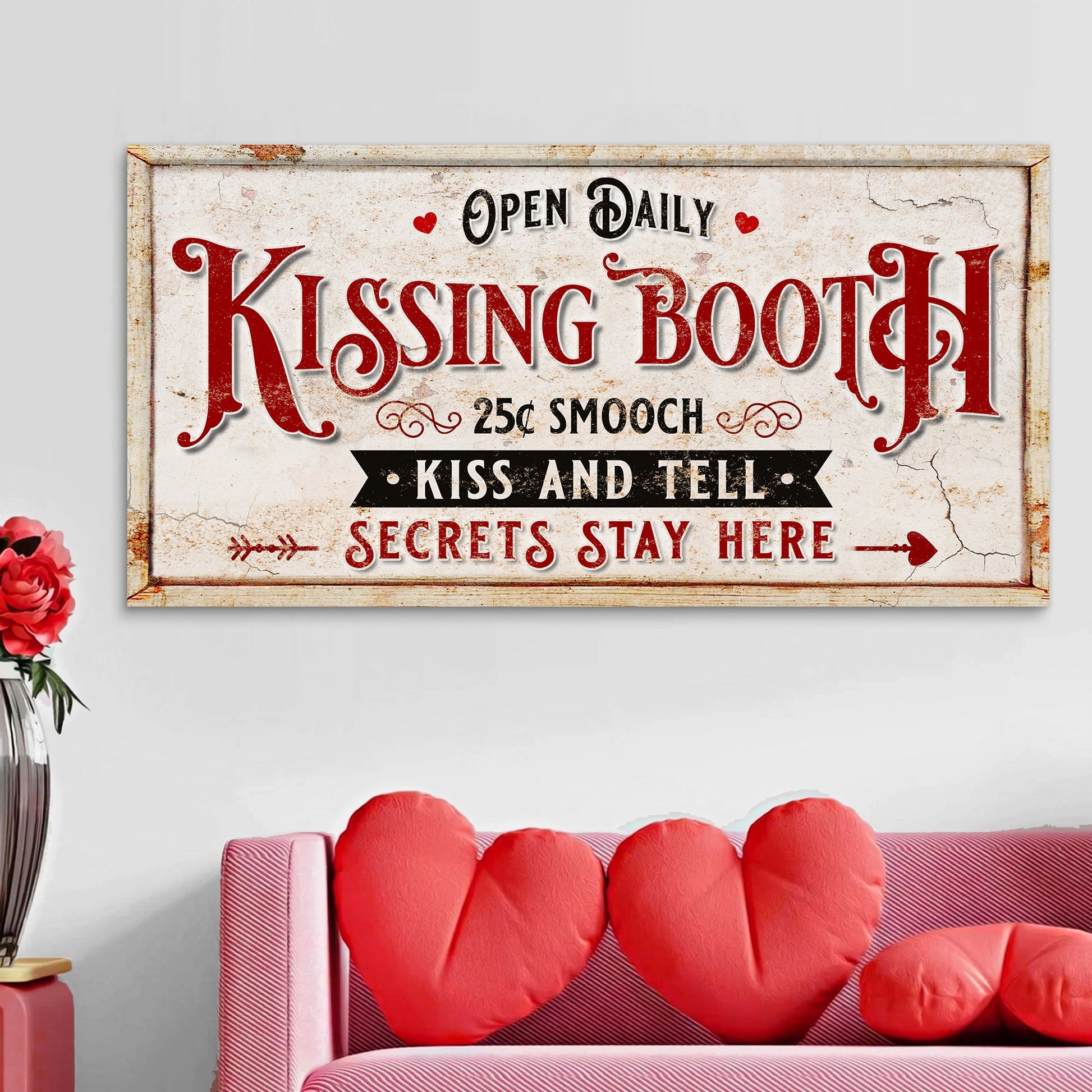 Vintage rustic kissing booth canvas wall art sign IV with distressed finish