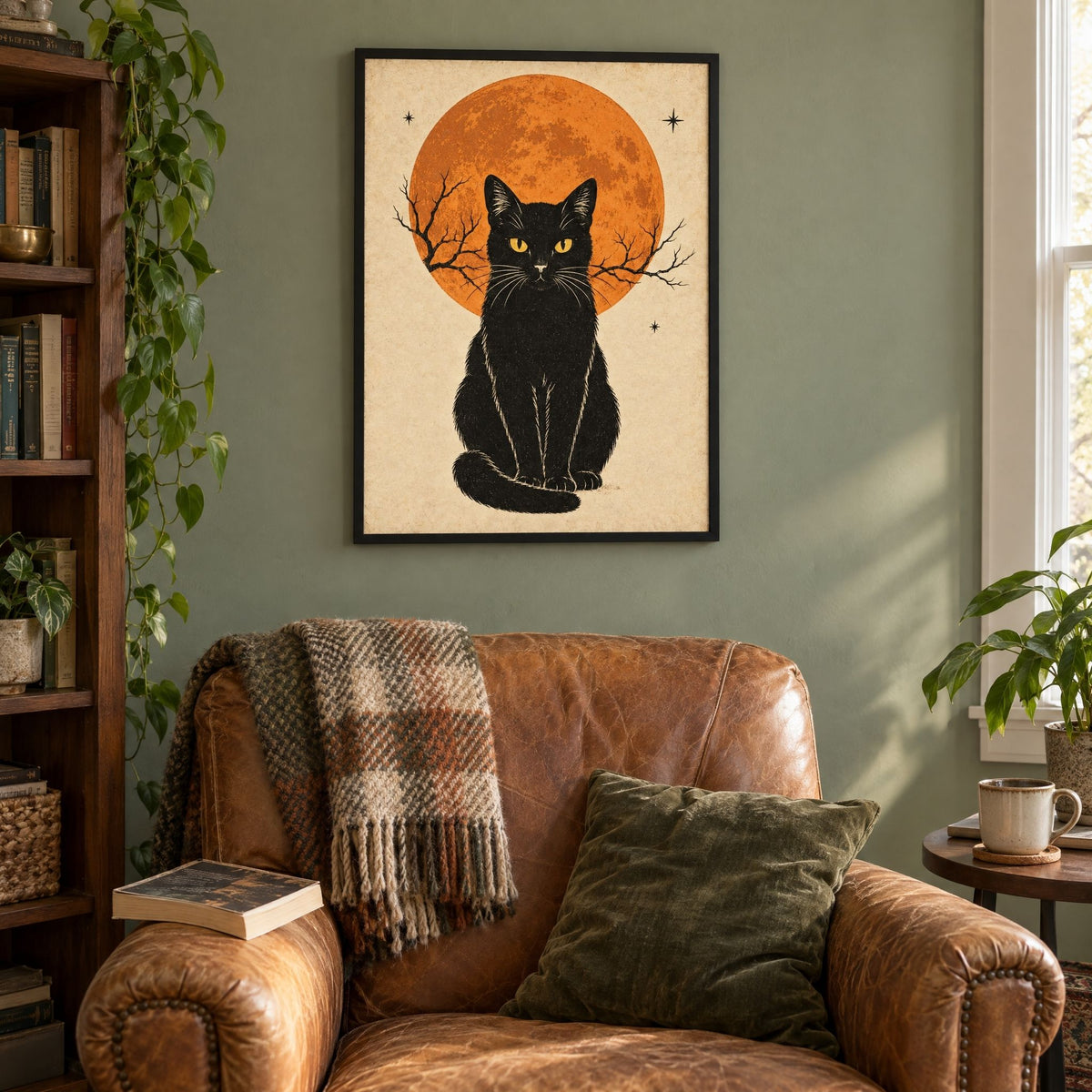 Vintage black cat print framed in black above a reading armchair, cat wall art for a living room corner