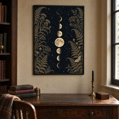 Gothic moon phase print above a walnut desk with cloth-bound books, dark academia wall art for a study