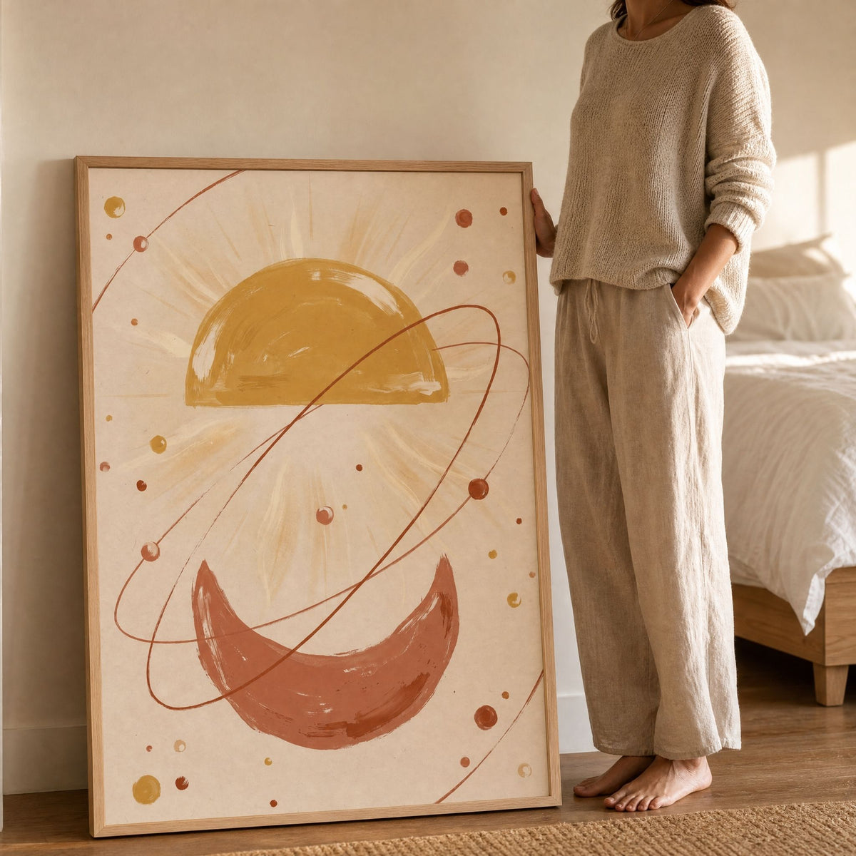 A woman standing beside the large framed celestial print, leaning against a bedroom wall for scale.