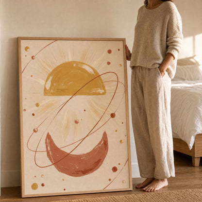 A woman standing beside the large framed celestial print, leaning against a bedroom wall for scale.