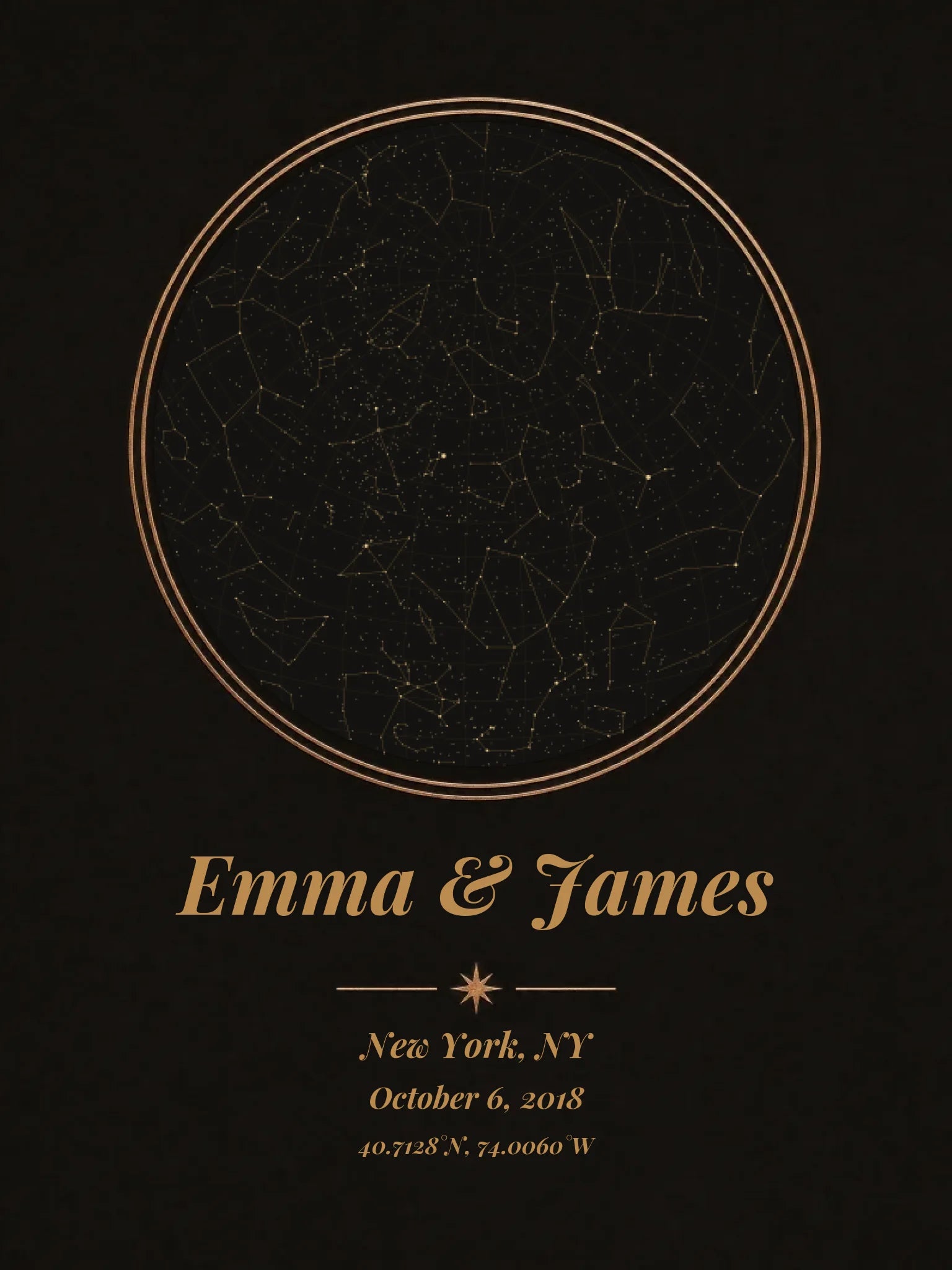 Personalized star map print, gold circular constellation chart with names, place, date and coordinates