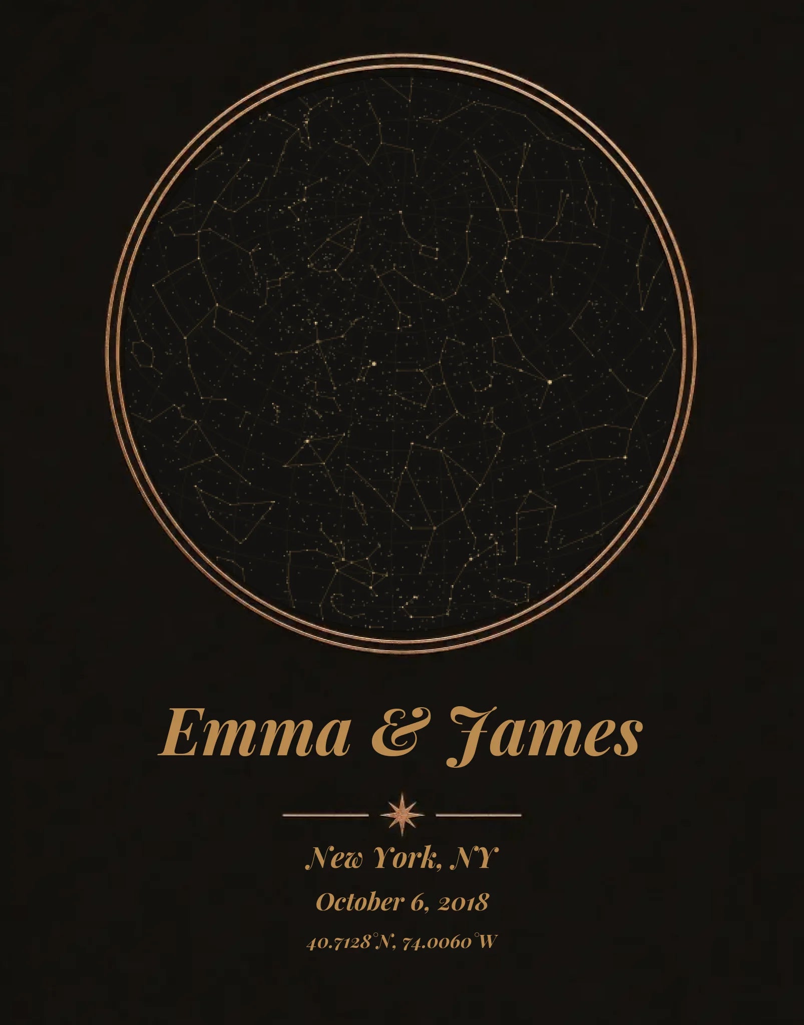 Personalized star map print, gold circular constellation chart with names, place, date and coordinates