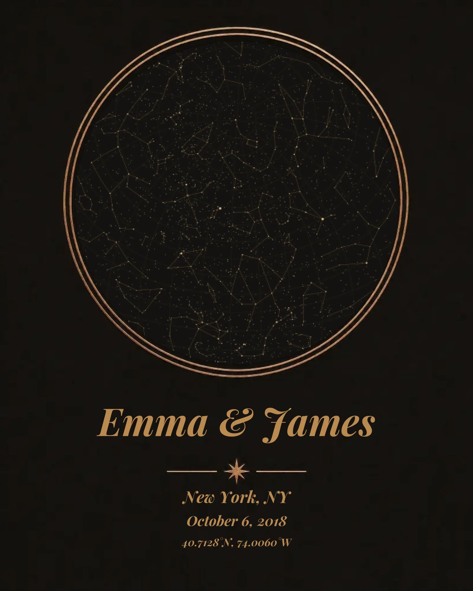 Personalized star map print, gold circular constellation chart with names, place, date and coordinates
