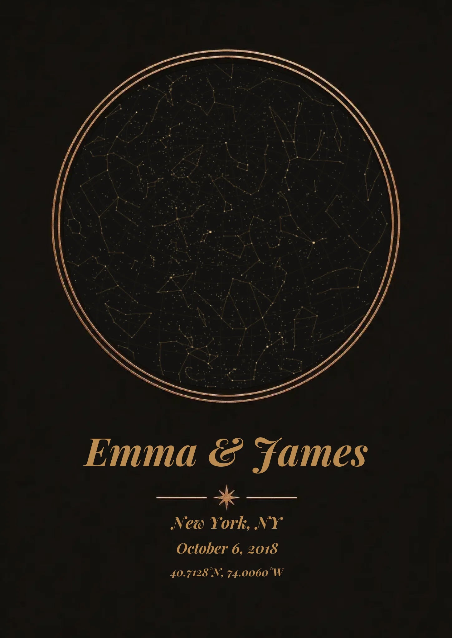 Personalized star map print, gold circular constellation chart with names, place, date and coordinates