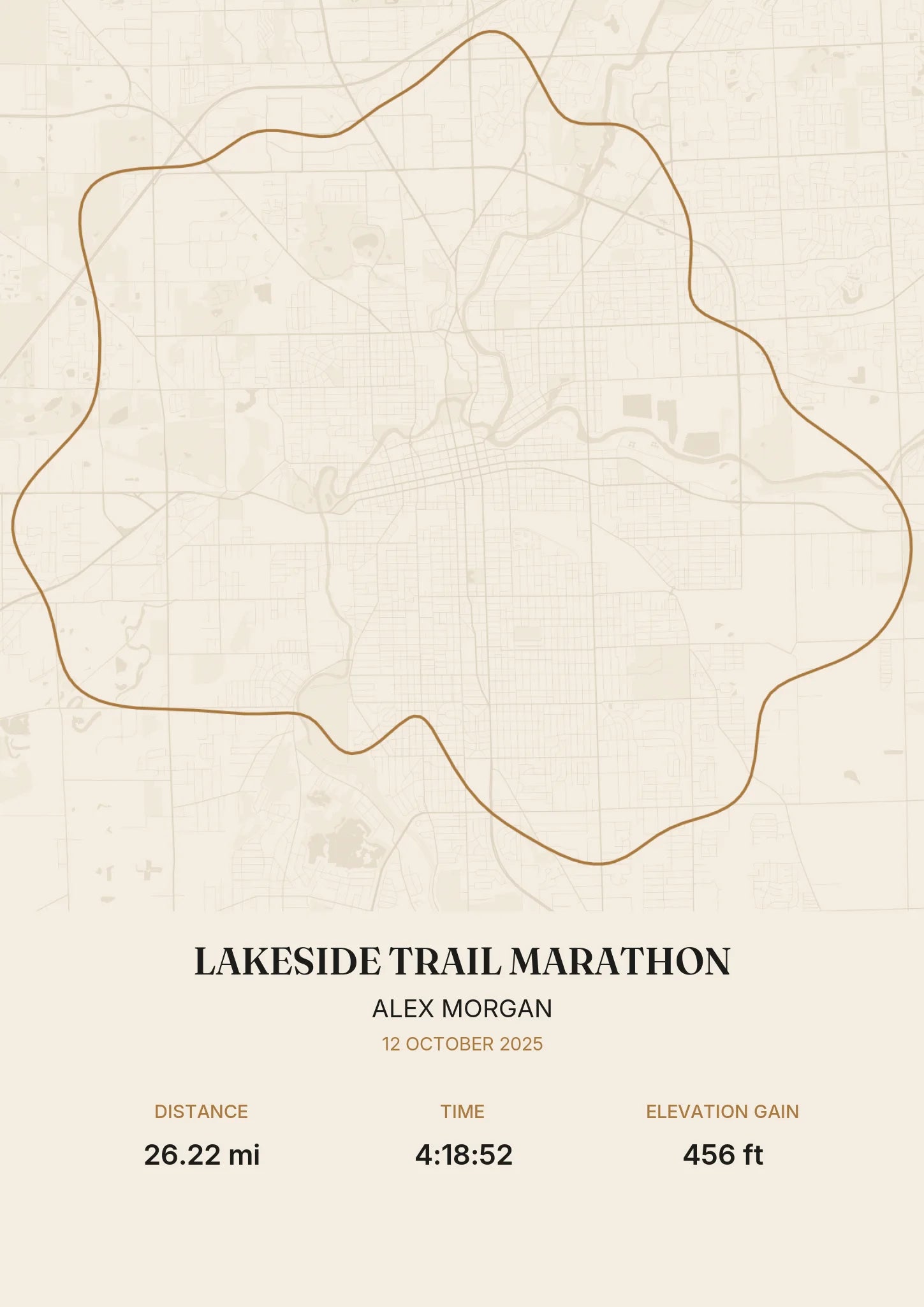 Race route map print in gold on cream, with race name, date and finish stats