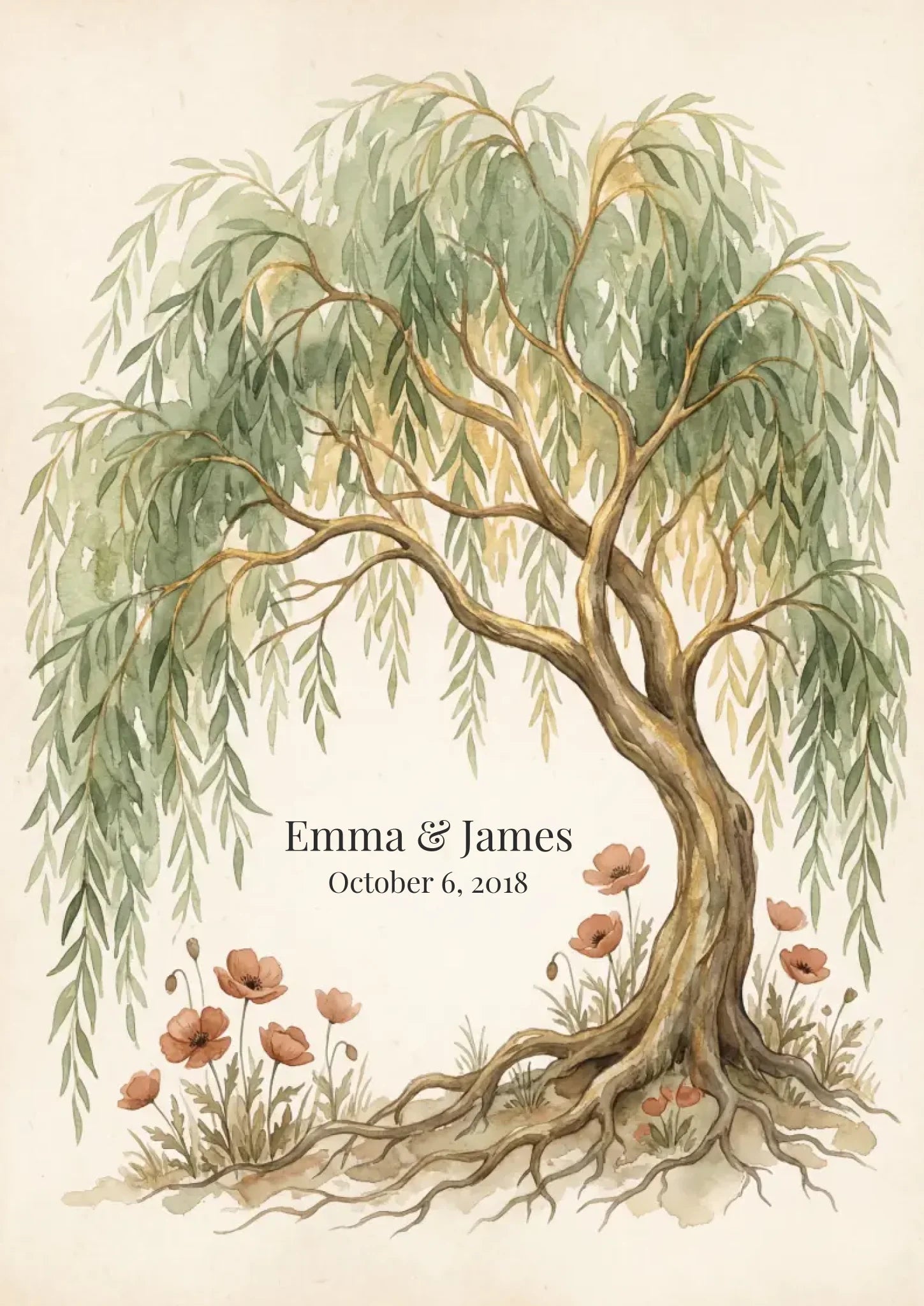 Willow tree 9th anniversary artwork with couple names and date, sized for A3, A2 and A1 framed prints