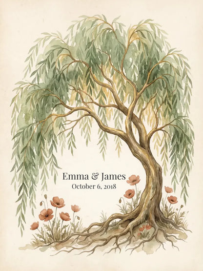 Willow tree 9th anniversary artwork with couple names and date, 3:4 ratio artwork for framed prints