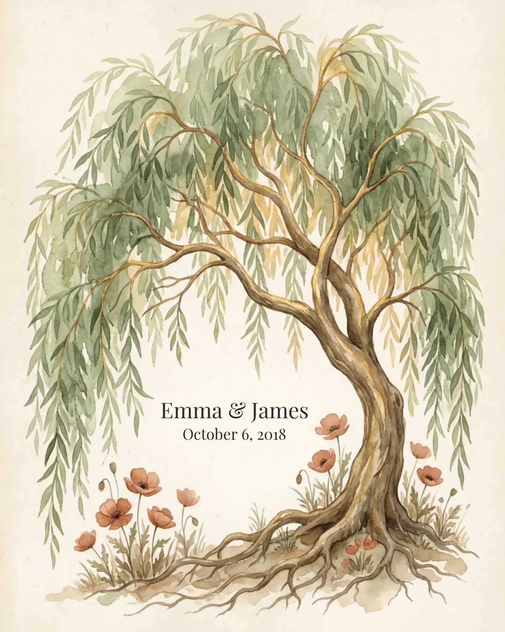 Willow tree 9th anniversary artwork with couple names and date, 4:5 ratio artwork for framed prints