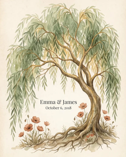Willow tree 9th anniversary artwork with couple names and date, 4:5 ratio artwork for framed prints