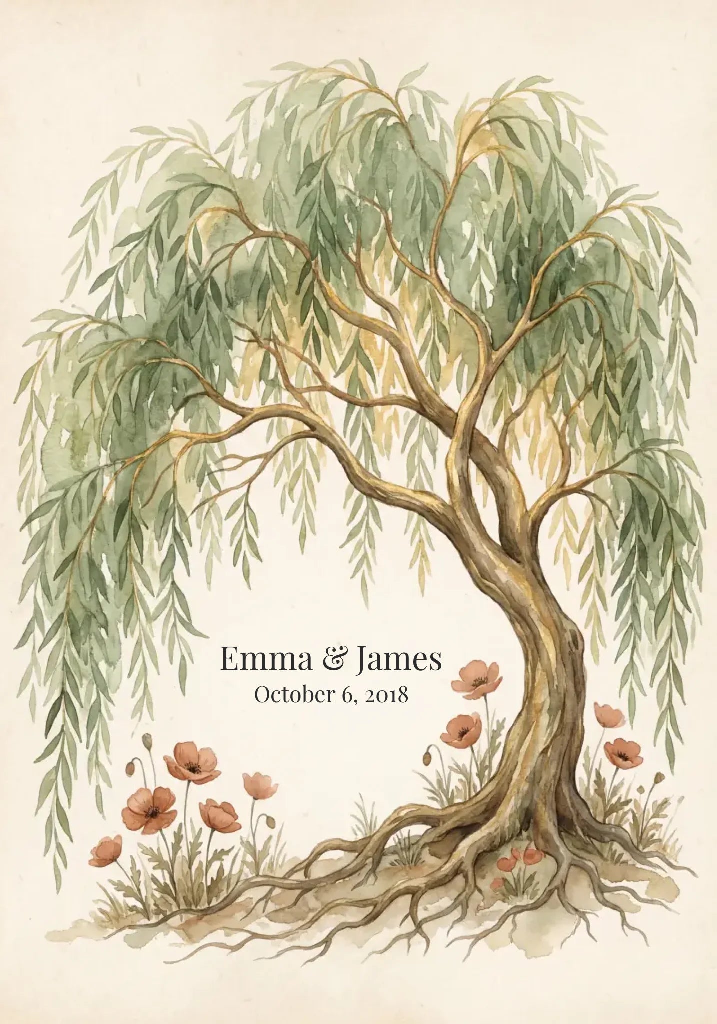 Willow tree 9th anniversary artwork with couple names and date, sized for the 28x40 inch framed print