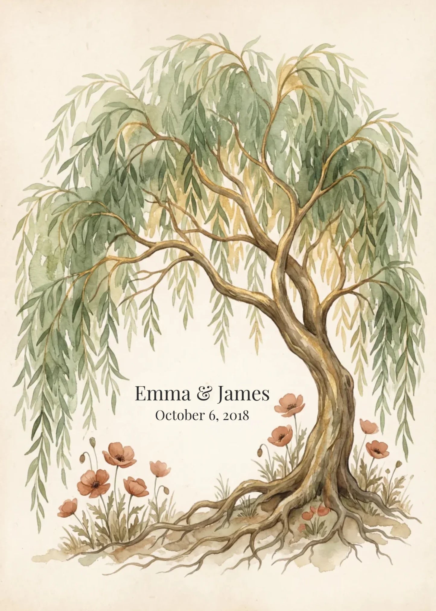 Willow tree 9th anniversary artwork with couple names and date, sized for the 20x28 inch framed print
