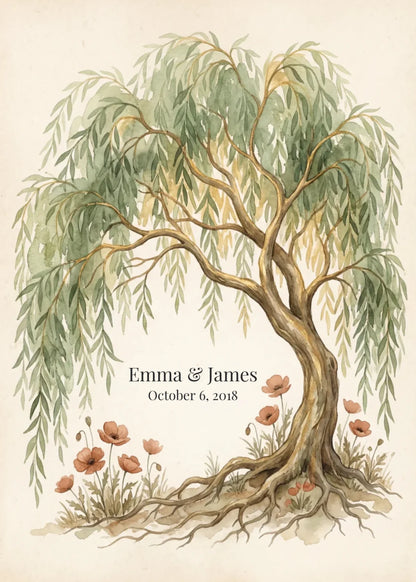 Willow tree 9th anniversary artwork with couple names and date, sized for the 20x28 inch framed print