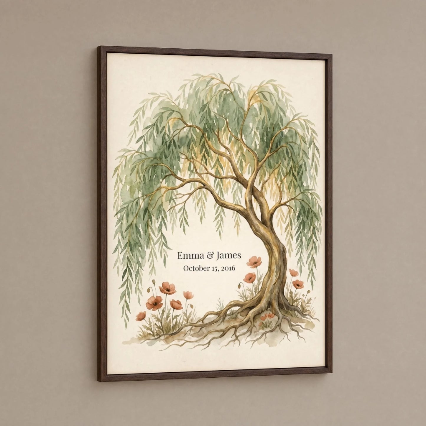 Angled view of the framed willow tree print showing the solid pine moulding and its depth