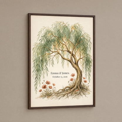 Angled view of the framed willow tree print showing the solid pine moulding and its depth