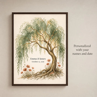 Personalized willow tree print in a dark wood frame, showing where your names and anniversary date are printed