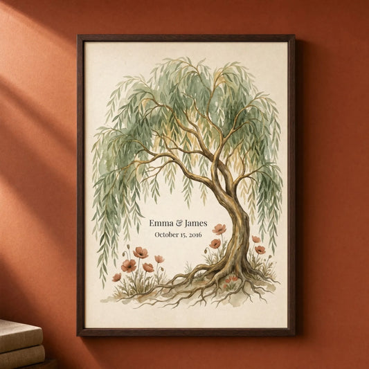 Personalized willow tree 9th anniversary wall art in a dark wood frame, propped against a warm terracotta wall