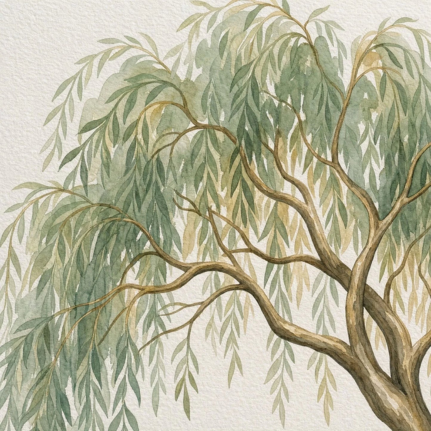 Close-up of the watercolor willow canopy, sage-green cascading branches with soft gold highlights