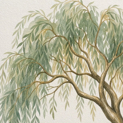 Close-up of the watercolor willow canopy, sage-green cascading branches with soft gold highlights