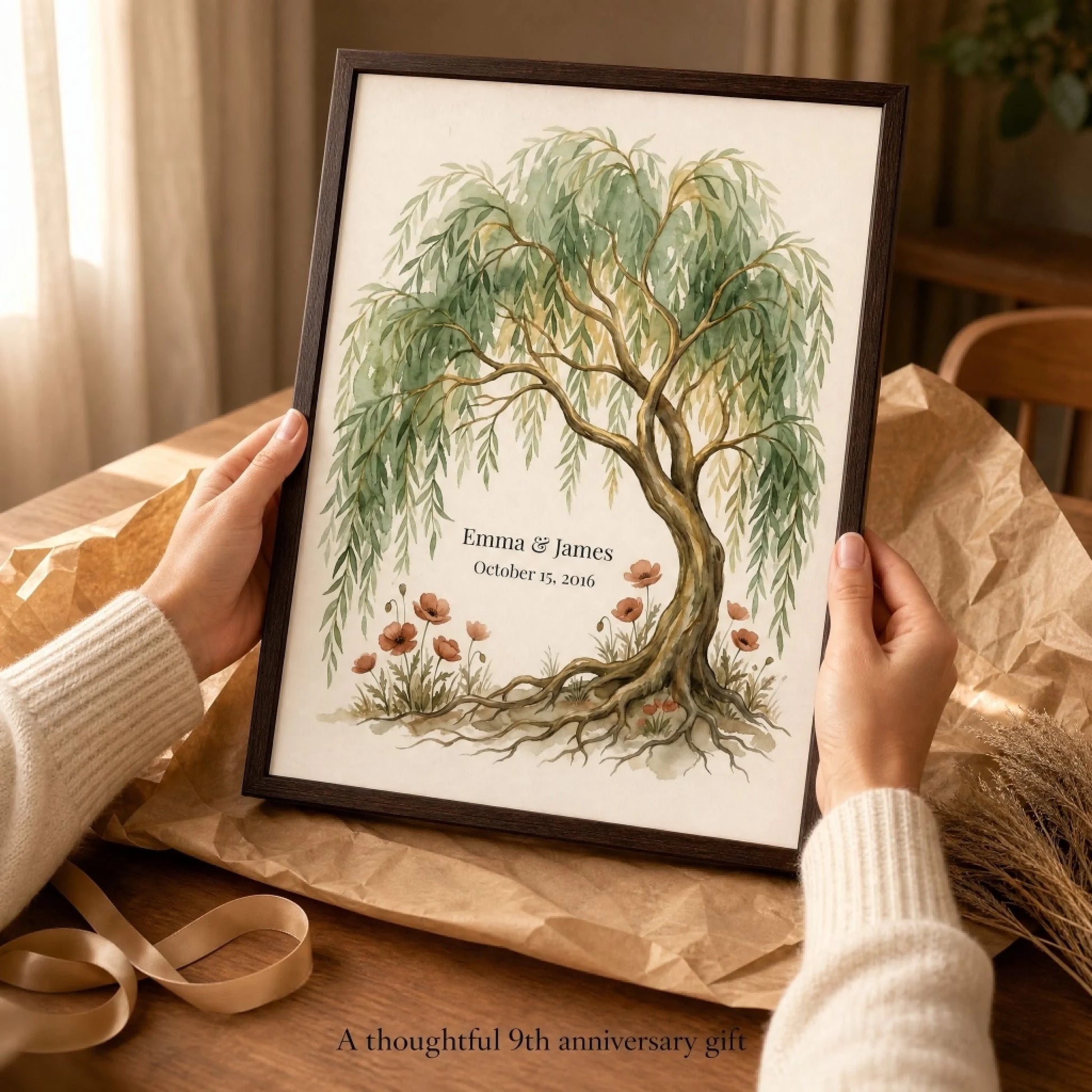 Hands holding the framed personalized willow tree print, a thoughtful 9th anniversary gift ready to give