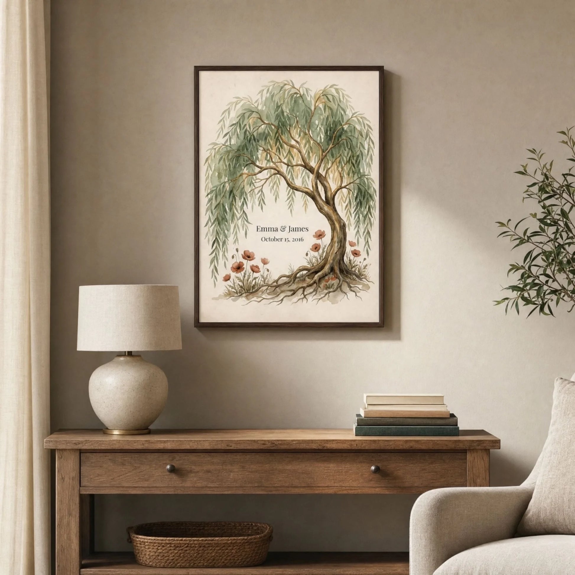 Willow tree anniversary print framed above a wooden console table with a lamp and armchair