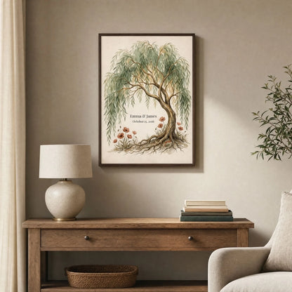 Willow tree anniversary print framed above a wooden console table with a lamp and armchair