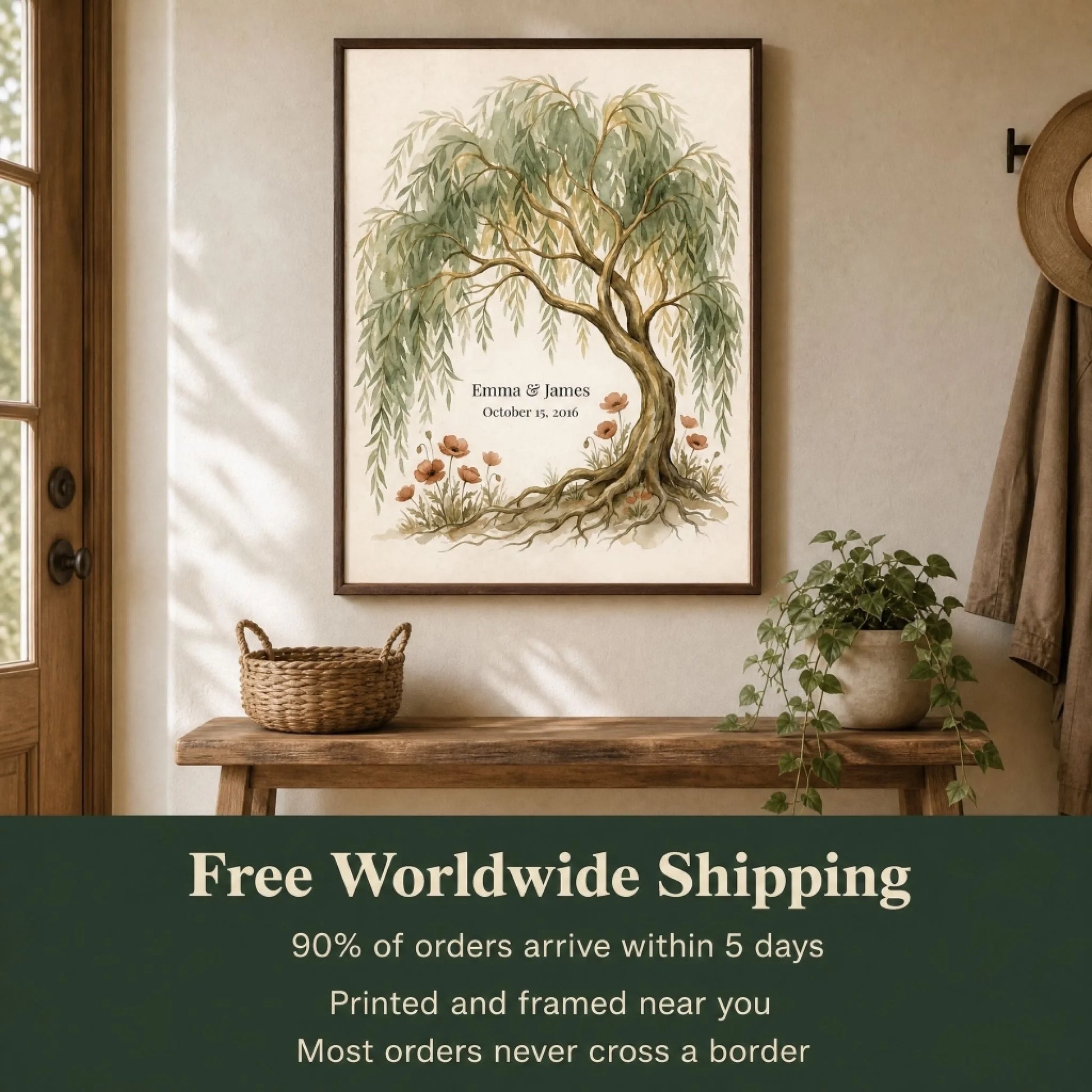 Shipping and delivery details for the framed personalized willow tree anniversary print
