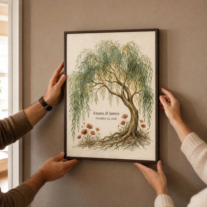 Two hands hanging the framed personalized willow tree 9th anniversary print on a plain wall
