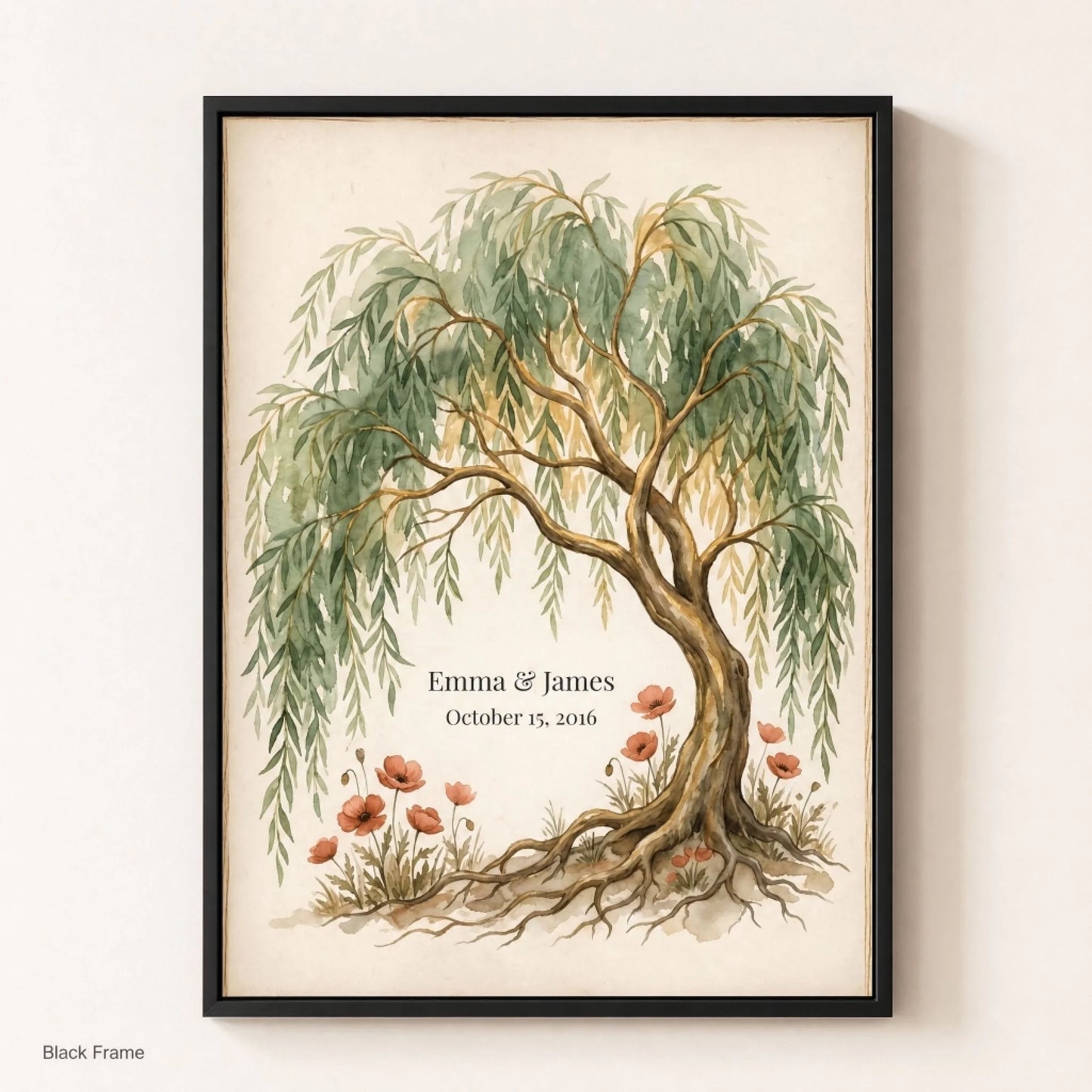 Personalized willow tree wall art in a black frame, straight-on view of the full artwork