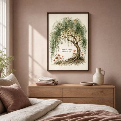 Personalized willow tree wall art framed in dark wood, hanging above a bed with a wooden dresser