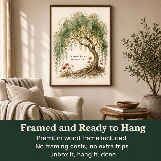 Framed and ready to hang: personalized willow tree anniversary print above a sofa, hanging hardware included