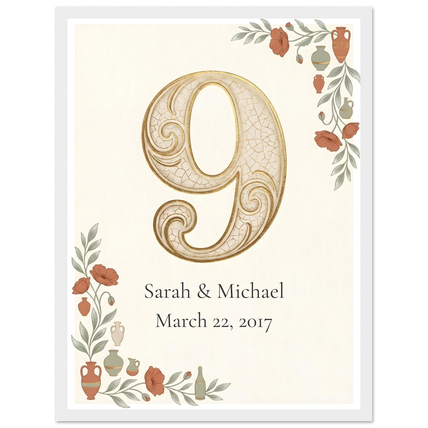 Personalized 9th Anniversary Wall Art - 30x40 cm / 12x16″ - White frame / Ready-to-hang - Sparkycare
