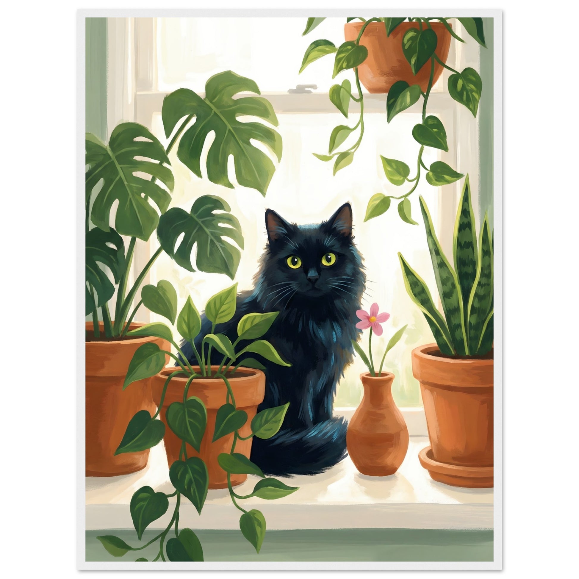 Plant Lover Wall Art - Cat & Houseplants Framed Poster - 20x25 cm / 8x10″ - White frame / Ready-to-hang - Sparkycare