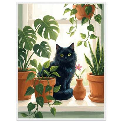 Plant Lover Wall Art - Cat & Houseplants Framed Poster - 20x25 cm / 8x10″ - White frame / Ready-to-hang - Sparkycare